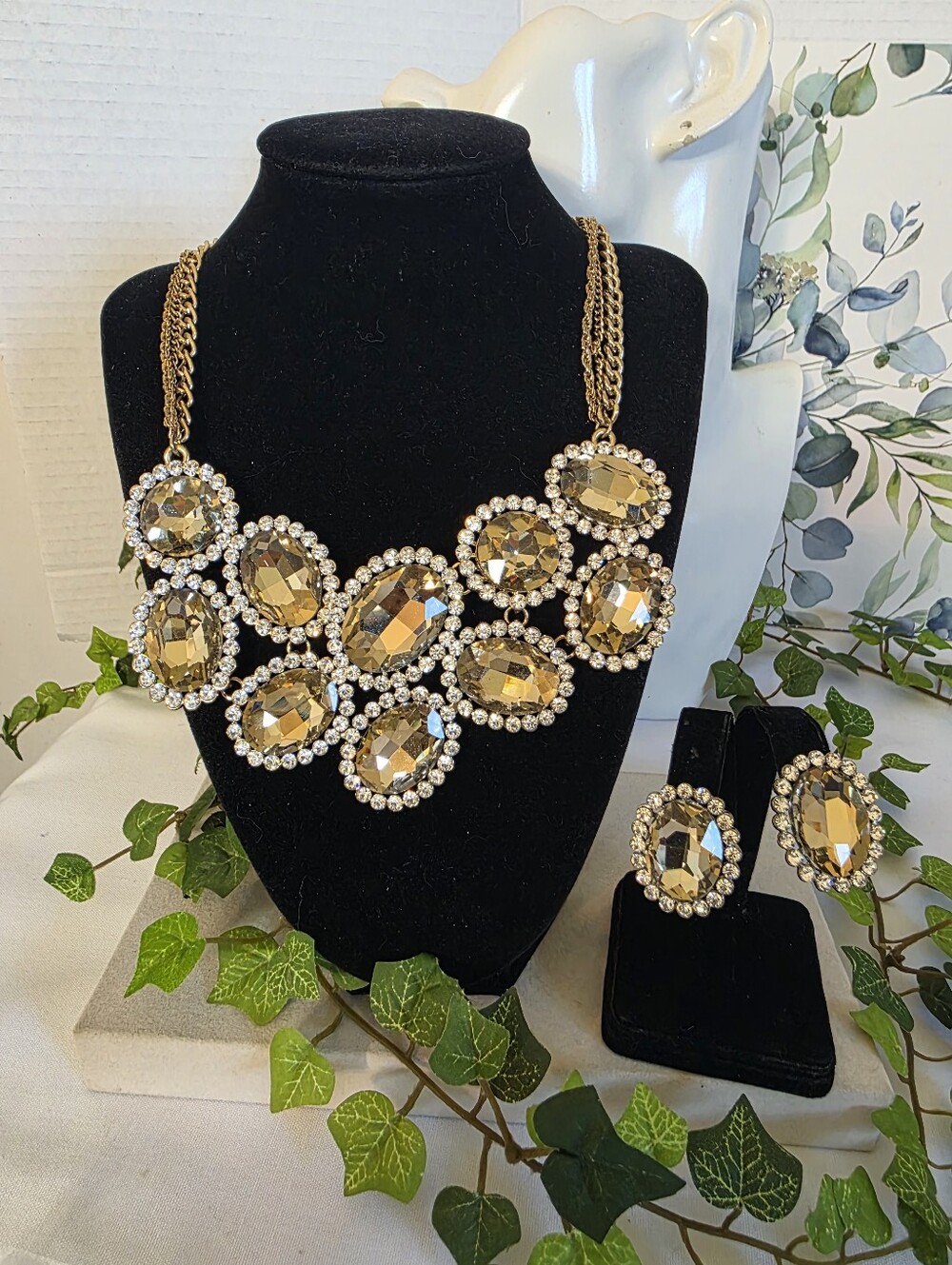 Gold Amber Crystal Oval Cluster Bib Statement Necklace & Earrings Set